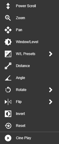 Right-click menu: Power Scroll, Zoom, Pan, Window/Level, W/L Presets, Distance, Angle, Rotate, Flip, Invert, Reset, Cine Play