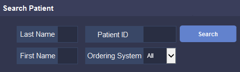 Search Patient panel with Last Name, First Name, Patient ID, and Ordering System fields