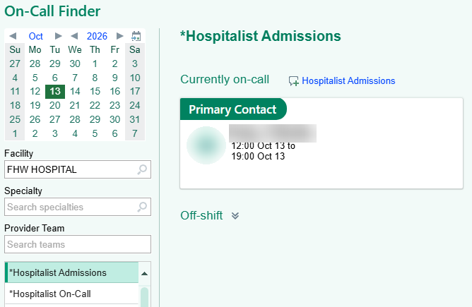 On-Call Finder for FHW Hospital: Hospitalist Admissions selected, showing the Primary Contact currently on call (name blurred)