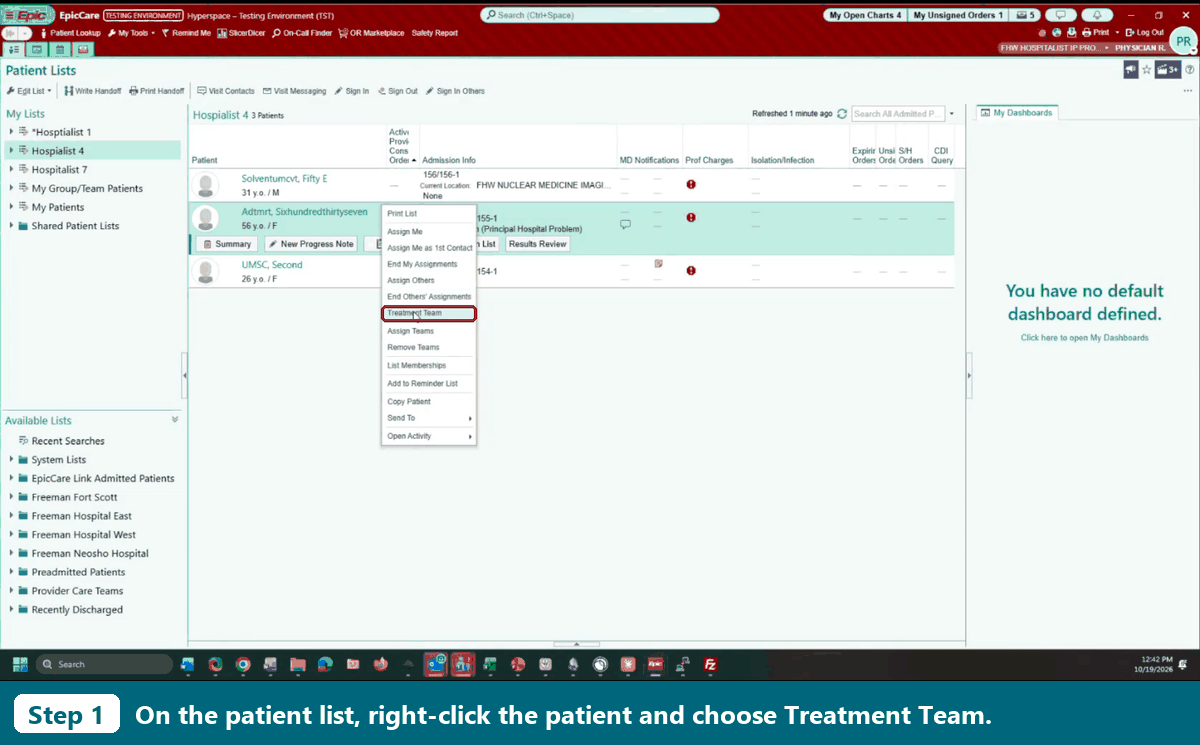Animated walkthrough in the TST environment: Treatment Team from the patient list, Add Provider Team Hospitalist Resident, Sign In to the Hospitalist Resident team, then Set Primary so the resident shows as the 1st Contact