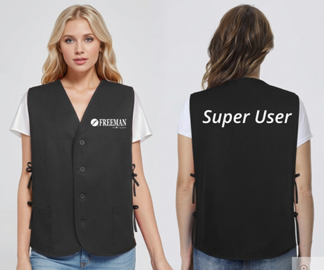Black Freeman vest with Super User printed on the back
