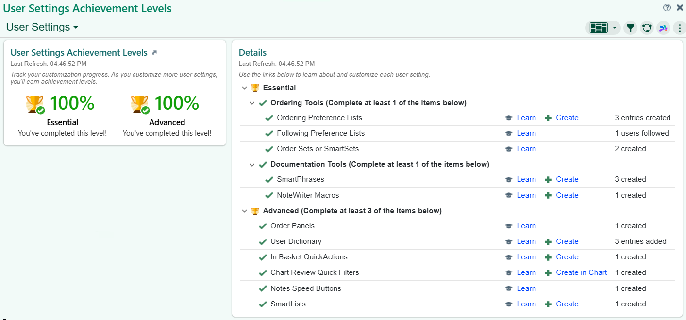 Epic User Settings Achievement Levels showing Essential and Advanced at 100 percent with the list of settings to complete