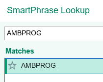 SmartPhrase Lookup window with AMBPROG typed and AMBPROG selected in the Matches list